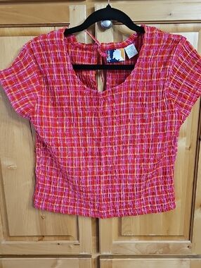 Women’s Pink Red Plaid Short Sleeve Crop Top